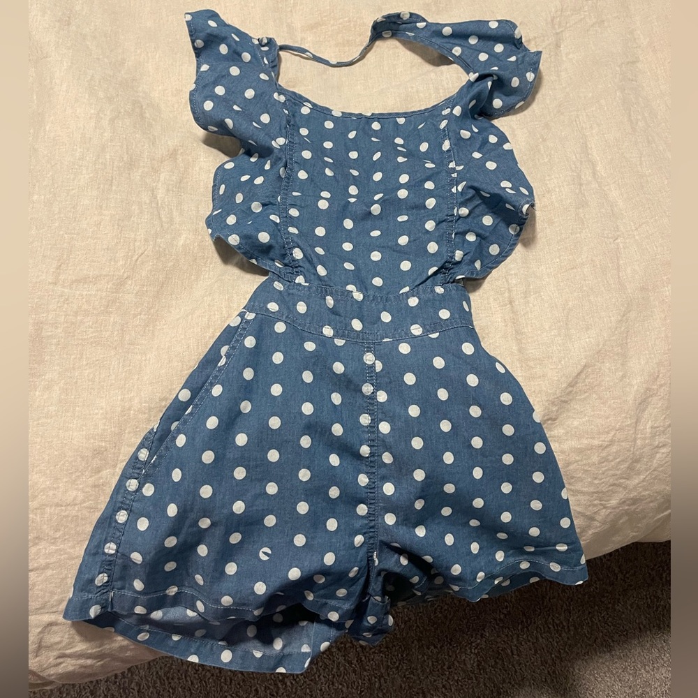 DO+BE Blue Polka Dot Ruffle Strap Romper